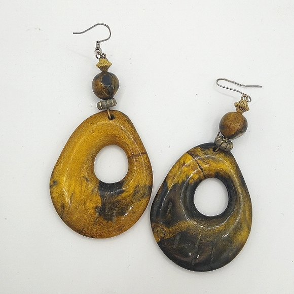 Rustic Primitive faux Polished Stone Dangle Hoop Earrings - Picture 2 of 7